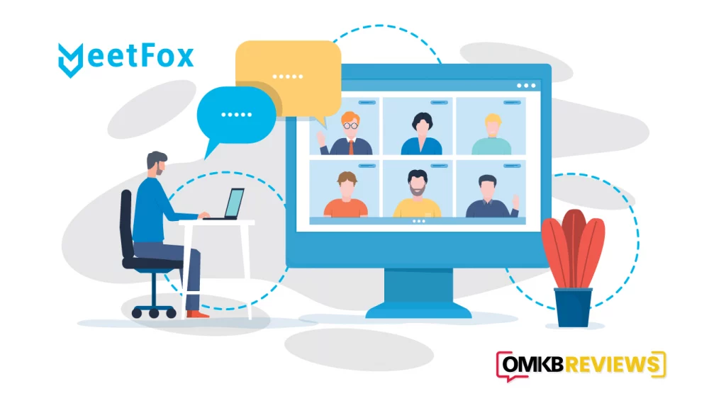 Grafik eines Online-Geschäftsmeetings mit Meetfox. Sie zeigt einen Mann, der auf einem großen Bildschirm an einer Videokonferenz mit sechs unterschiedlichen Personen teilnimmt, was auf ein Szenario digitaler Zusammenarbeit hindeutet.
