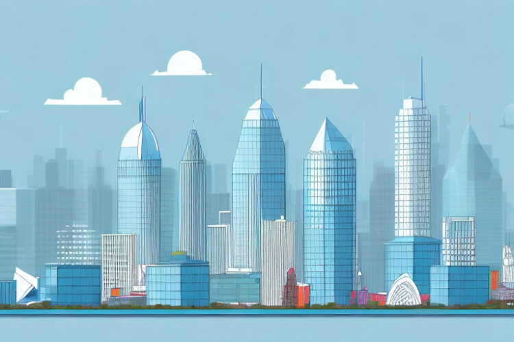 A city skyline with a modern building that represents an online marketing agency